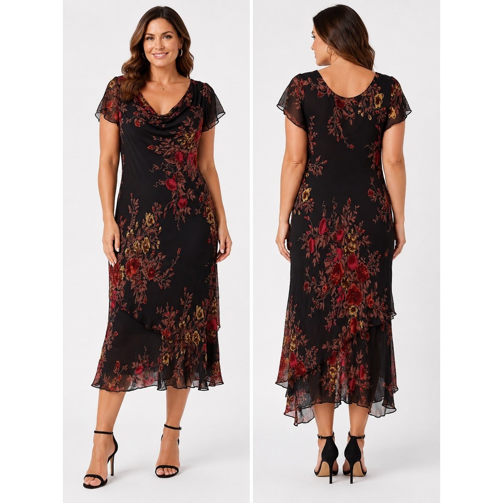 Majick Floral Midi Dress Medium Brown Beaded Cowl Neck Sheer‎ Layered Y2K Goth